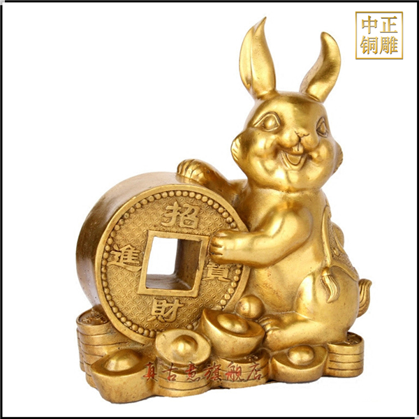 铜钱铜兔子摆件